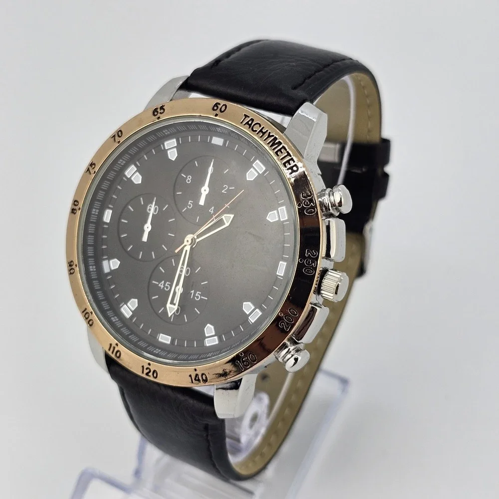48MM Men's Analog Watch Black Dial Black Faux Leather Bands New‎ Battery